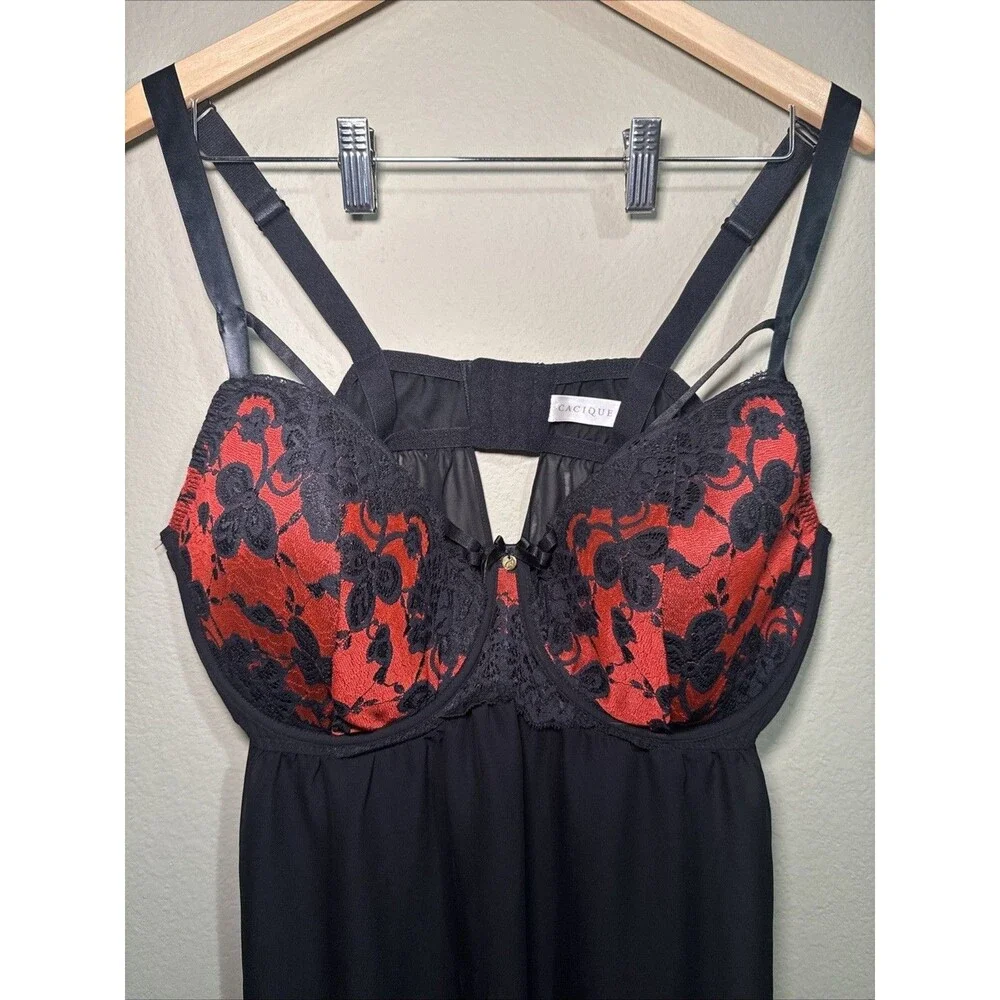 Cacique Dress Lace Babydoll Sheer Lingerie Pajamas Lace Black Floral Plus 44DDD